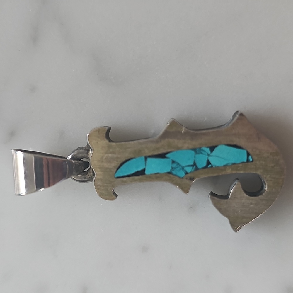 Turquoise Inlay Letter J Vintage Silver Pendant